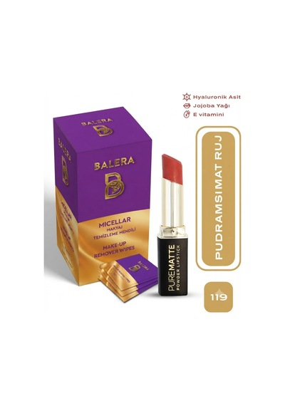 Pure Matte Powder Lipstick No: 119 - Nemlendirici Pudramsı Mat Ruj Makyaj Temizleme Mendili Hediyeli 00
