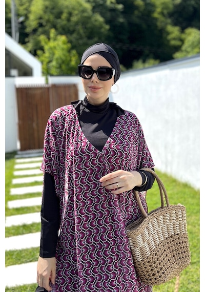 Remsa Tesettür Mayo Üzerine Desenli Tek Kaftan Pareo 430-306 Fuşya Fuşya