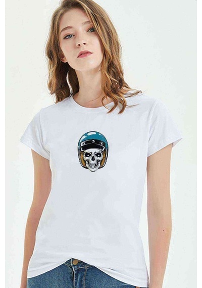 Skull With Blue Helmet Baskılı Beyaz Kadın Tshirt