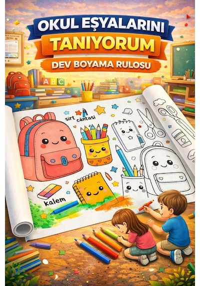 Okul Eşyalarını Tanıyorum 5 Metre Eğitici Boyama Rulosu Resim Kağıdı Rulo Kağıt