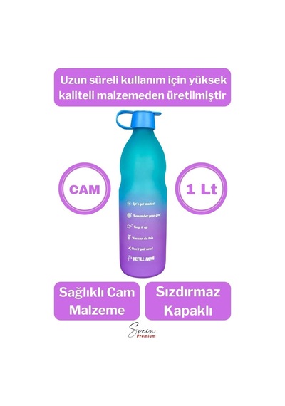 Premium Sızdırmaz Motivasyonel Sporcu Cam Renkli Su Matarası 1 Litre Suluk Tritan Bpa İçermez 1 Adet