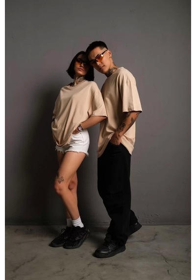 Erkek 24/1 Düz A Kalite Oversize T-shirt - Bej Bej