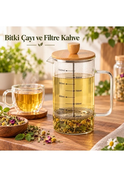 Bambu Kapaklı French Press, 1000 Ml Ölçülü Borosilikat Cam Filtre Kahve Ve Bitki Çayı Demliği, Cam Kulplu Diğer