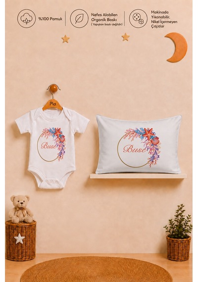 Pia Baby İsme Özel Kız Bebek Hediyesi %100 Pamuk Organik Baskılı Body Yastık Kılıfı Ve Ham Bez Kıyafet Kesesi 1037byk9x Ekru