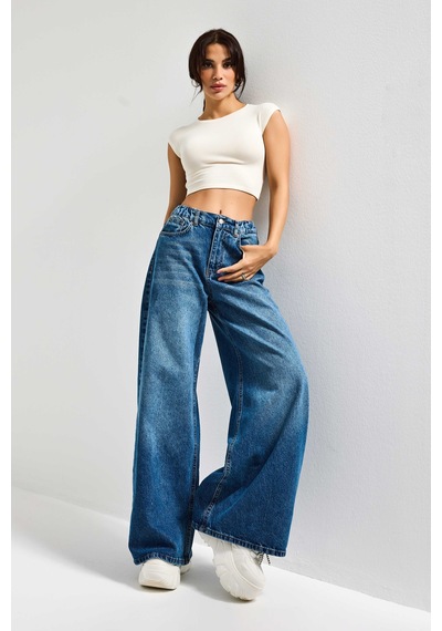 Itsbasic Kadın Mavi Renk 2s5-4 Palazzo Fit Beli Lastliki %100 Koton Denim Jean