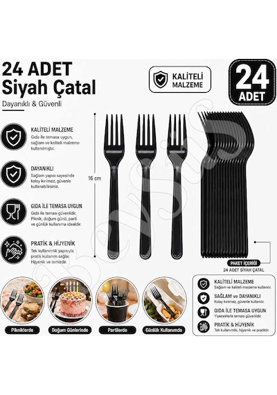 Parti Çatalı Lüks Plastik Siyah 24 Adet