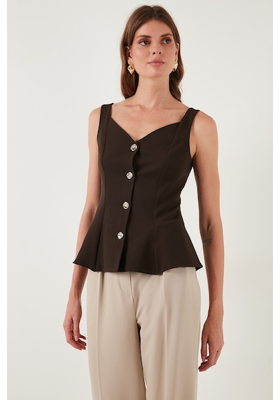 Lela Fitted Fit V Yaka Düğmeli Bayan Yelek 611Fyl145 Kahve