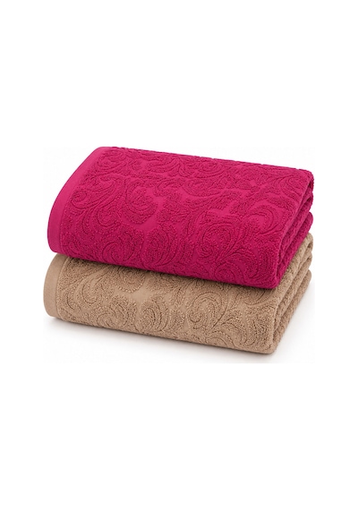 2'li Jakarlı Büyük Boy Banyo Havlusu 90x150 Cm %100 Pamuk Lorea 650 Gr Bej-fuşya