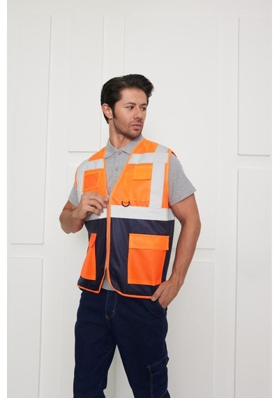 Orange Safety Mühendis Tipi İkaz Yeleği Turuncu-lacivert