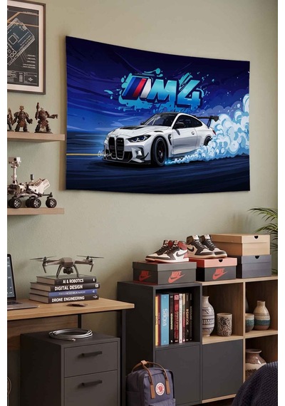 Bmw M4 Beyaz Spor Araba Drift Graffiti Dekoratif Duvar Örtüsü Duvar Halısı