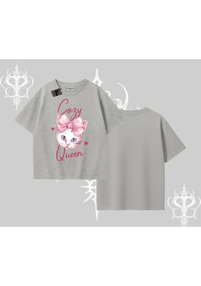 Startmore Startmore Cozy Queen Kedi Baskılı Oversize Tshirt Gri