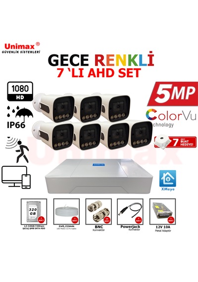 Unımax 5mp Sony Lens 7 Kameralı Güvenlik Seti 100m Kablo 30m Gece Görüş Xmeye Warmled