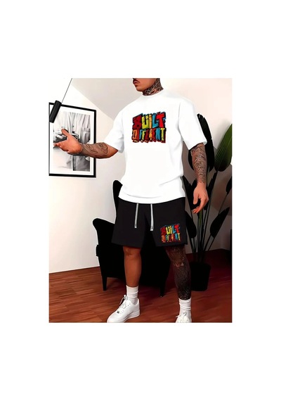 Erkek Beyaz''renkli Built Different Baskılı'' Basic Oversize T-shirt- Şort Takım Strup0000000000014