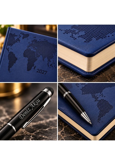 Bk Gift Kişiye Özel 378 Termo Deri Tarihli Ajanda & Siyah Touch Pen Tükenmez Kalem-12 Lacivert