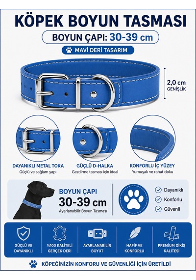Deri Köpek Boyun Tasması 30-39 Cm 2 Cm Metal Tokalı D Halkalı Ayarlanabilir - Saks Mavi Çok Renkli