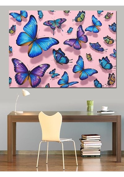 Pembe Arka Plan Ve Mavi Kelebekler Deseni Dekoratif Kanvas - Mdf Ahşap Tablo