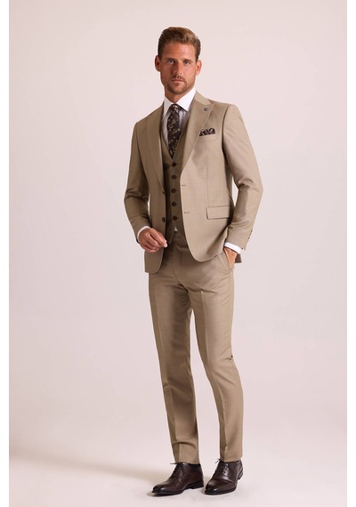 Ysf Erkek Bej Slim Fit Sivri Yaka Yelekli Takım Elbise Bej