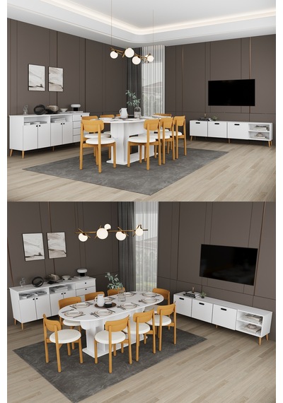 Lüks Yemek Odası Takımı 3 Parça %100 Mdf Konsol Yemek Masası Tv Ünitesi Yt02 Beyaz