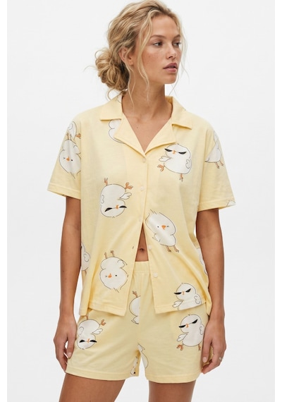 Siyah İnci Düğmeli İnce Soft Örme Mevsimlik Şortlu Pijama Takımı 8063 Sarı Civciv
