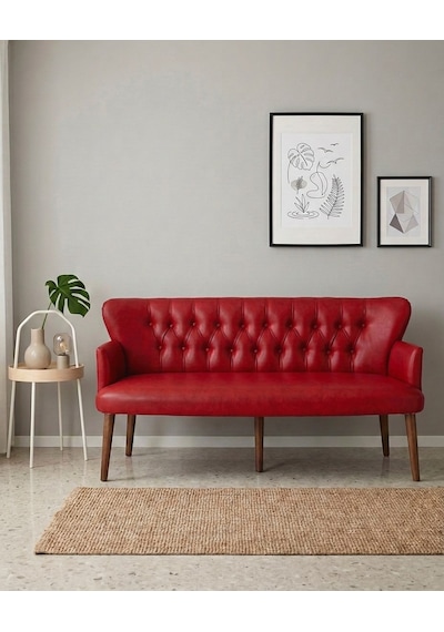 Roma Chester Deri Üçlü Koltuk 150 Cm Ofis Bekleme Koltuğu Ahşap Ayaklı - Kırmızı
