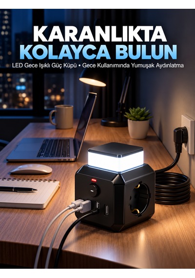 Akım Korumalı 3'lü Priz 2200w 1050j 10a Gece Lambalı 2 Usb 2 Type-c Şarj Girişli 0.2 M