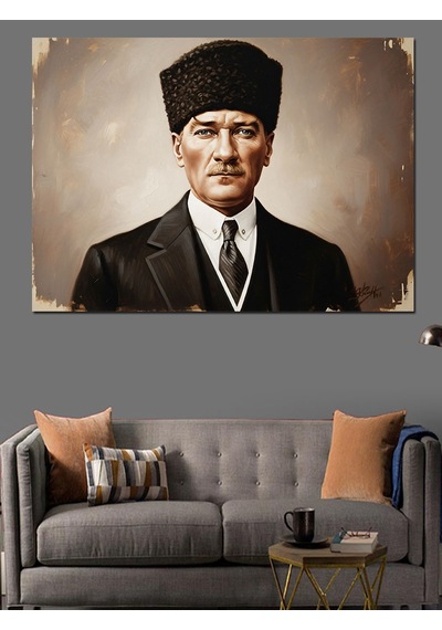 Siyah Beyaz Kalpak Başlıklı Atatürk Dekoratif Kanvas - Mdf Ahşap Tablo