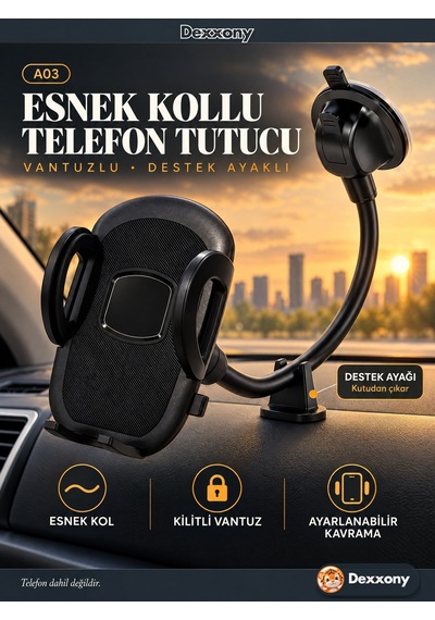 Dexxony A03 Araç İçi Telefon Tutucu Esnek Kollu Vantuzlu Destek Ayaklı Torpido Ve Cam 360 Derece