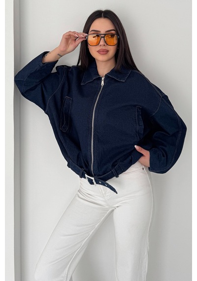Öner Kadın Kemer Detaylı Kot Ceket Oversize Fermuarlı Denim Ceket Lacivert Mavi Mavi