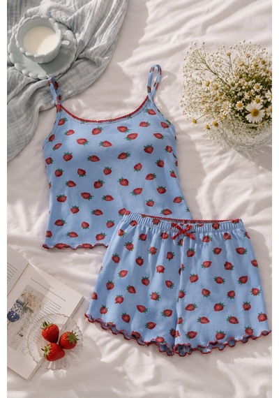Koza İç Giyim Kadın İp Askılı Çilek Desenli Pamuklu Şortlu Pijama Takımı Kk30234 Mavi - Kırmızı
