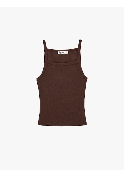 Koton Slim Fit Ribanalı Kolsuz Kare Yaka Bluz Kahverengi 6sak10235ek Kahve