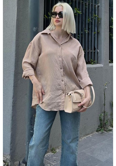 Madmext Bej Uzun Kollu Çizgili Oversize Gömlek Mg2080-bej Bej