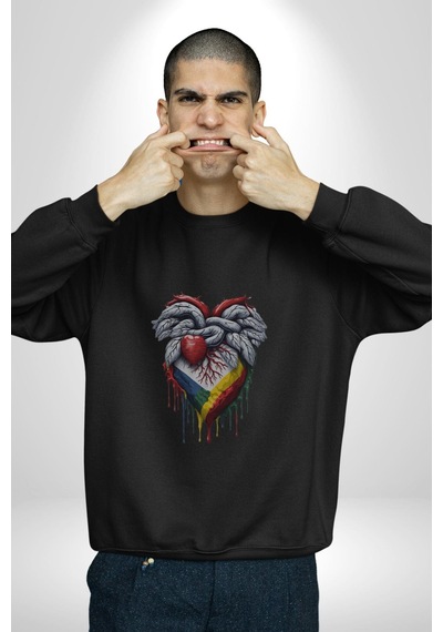 Kalp Damar Renkli Boyalı Unisex Siyah Baskılı Sweatshirt Siyah