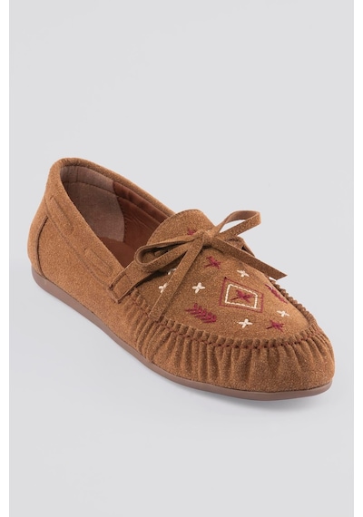 Kadın Süet Loafer Nakışlı Bağcıklı Ayakkabı Helia Taba Taba
