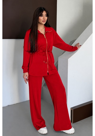 Balenbi Oversize Fermuarlı Beli Bağcıklı Polo Yaka Modal Kadın Takım 1196 - Premium Seri Kırmızı Balenbi Oversize Fermuarlı Beli Bağcıklı Polo Yaka Modal Kadın Takım 1196 - Premium Seri Kırmızı