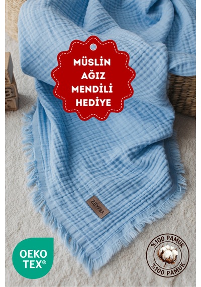 Zeypba % 100 Pamuk 4 Katlı Müslin Bebe Mavi Bebek & Çocuk İçin 110x110 CM