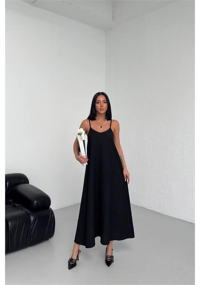 Neşeli Butik Kadın Siyah Askılı İçi Astarlı Kaş Keten Elbise Nbg017 Siyah