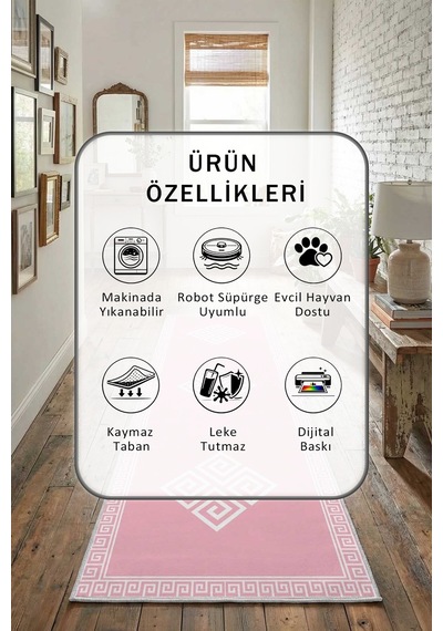 Likya Pembe Beyaz Yıkanabilir Yolluk
