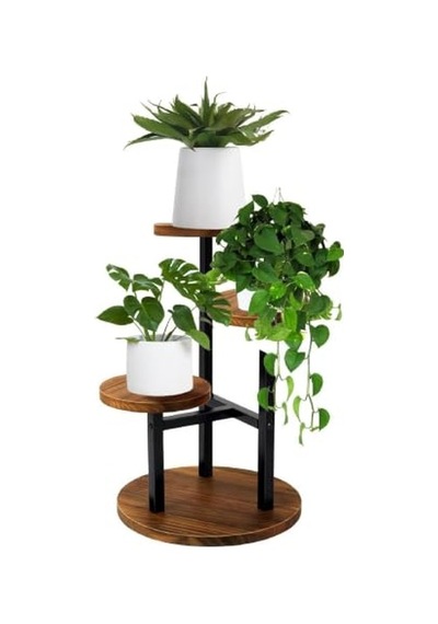 Çiçeklik 3 Raflı Saksılık Dekoratif 3 Raflı Çiçeklik Metal Doğal Ahşap Saksılık Çiçek Rafı Daire Model Diğer