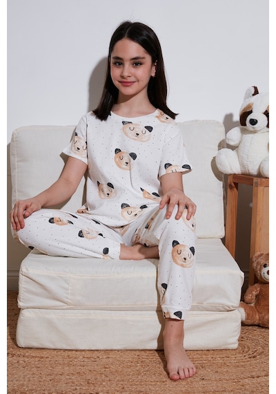 Lela % 100 Pamuk Bisiklet Yaka Kısa Kollu Kız Çocuk Pijama Takımı 6651002 Ekru