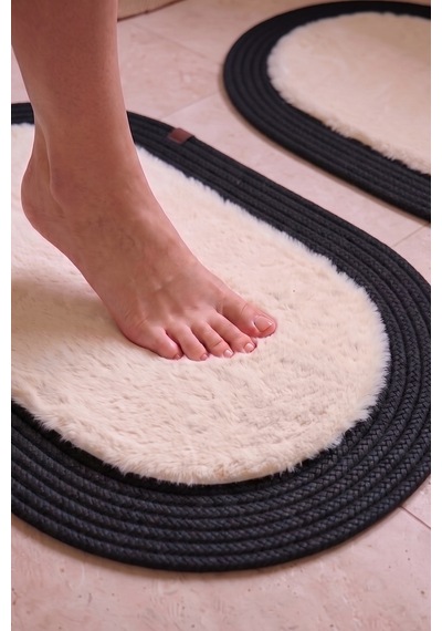Banyo Paspası Takımı 60x100+40x60 Cm Düz Bej & Siyah Bej - Siyah