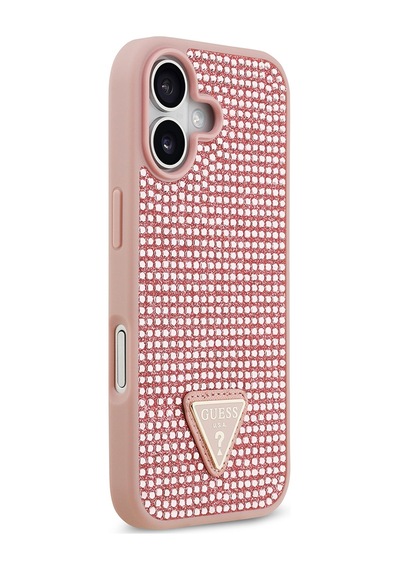 Apple Uyumlu iPhone 17 Kılıf Guess Lisanslı Taşlı Arka Yüzey Üçgen Logolu Kapak Pembe