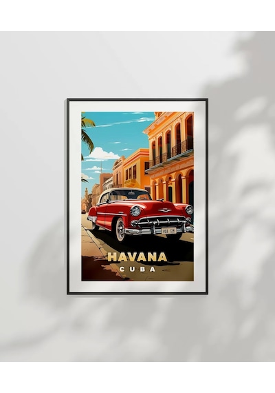 Çerçevesiz Poster Havana Sokaklarında Klasik Bir Araba