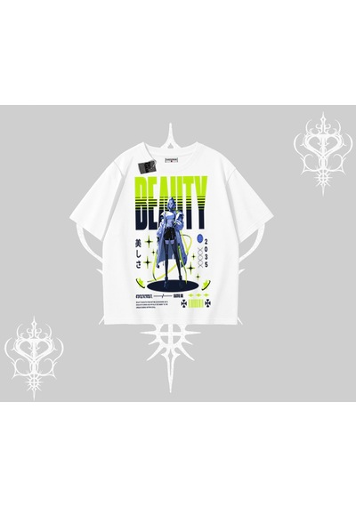 Tarzsokak Oversize Tshirt Anime Unity Neon Detaylı Grafik Baskılı Beyaz