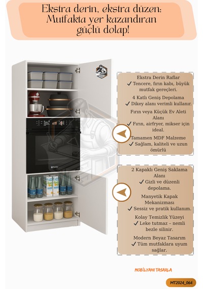 Tamamı Mdf Jumbo Ekstra Derinlikli 2 Kapaklı 4 Raflı Fırın Dolabı