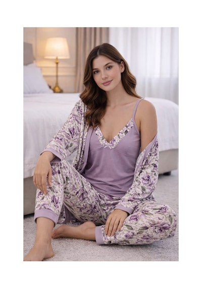 Pemilo Kadın 3346 3'lü Viscon Sabahlık Pijama Takımı Mor