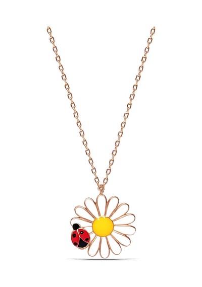 Gümüş Papatya ve Uğur Böceği Mineli Rose 925 Ayar Kadın Kolye