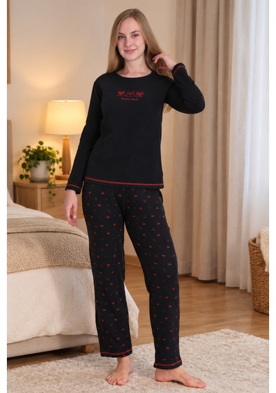 Wordex Mırano 3109 Waffle Yumuaş Kumaş Fiyonk Desenli Kışlık Ev Kadın Pijama Takımı Siyah