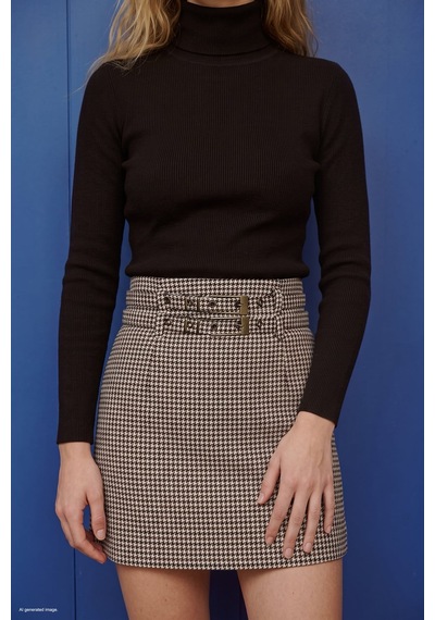Sateen Kazayağı Desenli Mini Etek - Kahve-137902