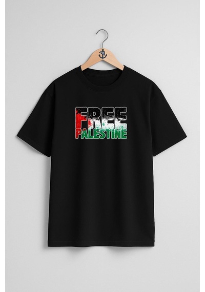 Bahriyeli Collection Oversize Free Palestine Göğüs Tasarımlı Unisex T-shirt SIYAH