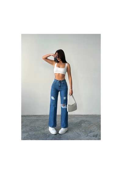 Blue Marlın Kadın Lazer Yırtık İşlemli Boyfriend Kot Bol Paça Pantolon Çok Renkli